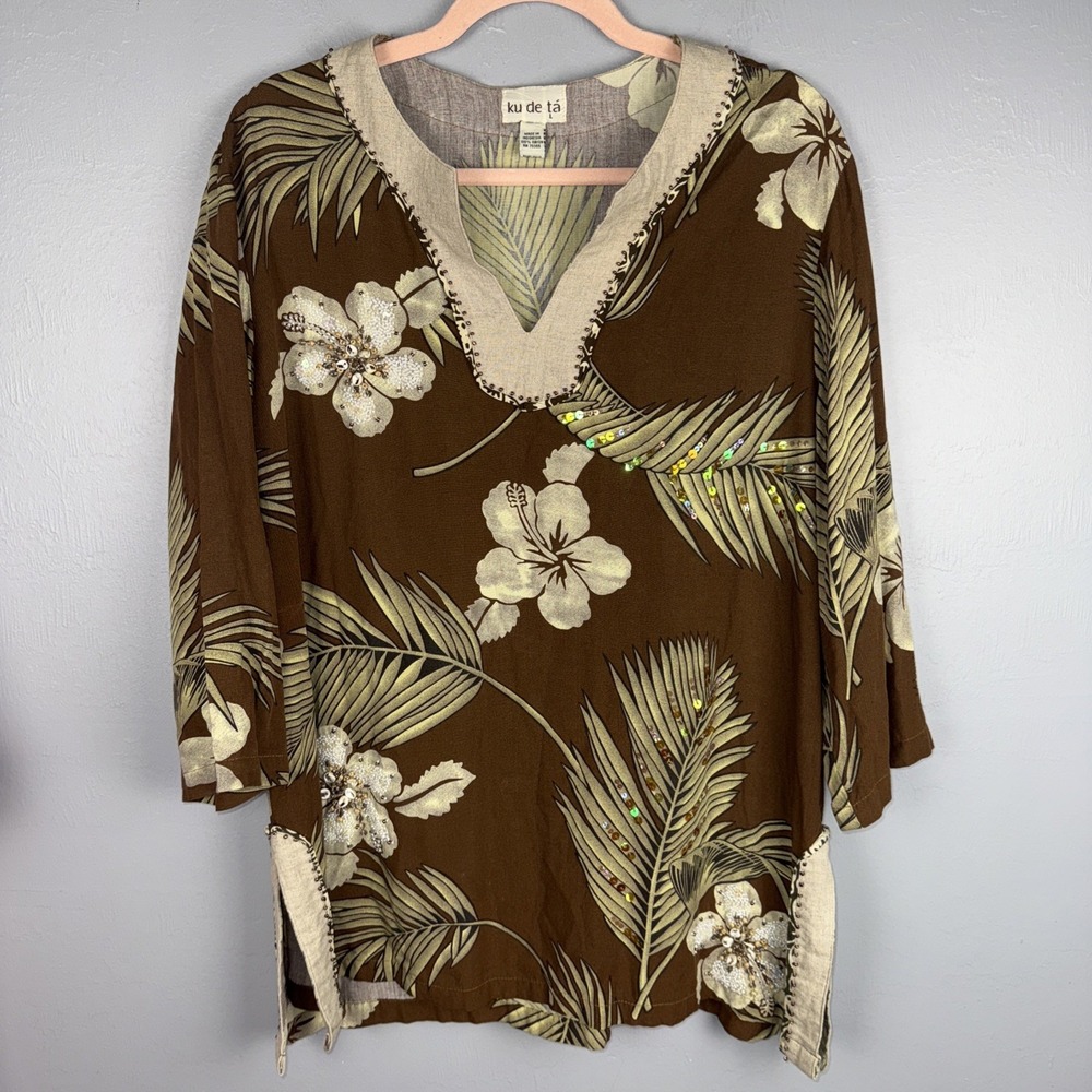 KU DE TA Tunic Top Women's L Beaded Made In India V-Neck Hibiscus Flower Print